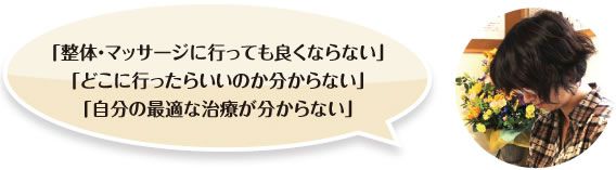 「整体・マッサージに行っても良くならない」「どこに行ったらいいのか分からない」「自分の最適な治療が分からない」