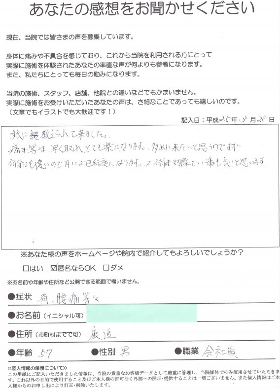 肩痛・腰痛　鹿追町　57歳　男性　会社員